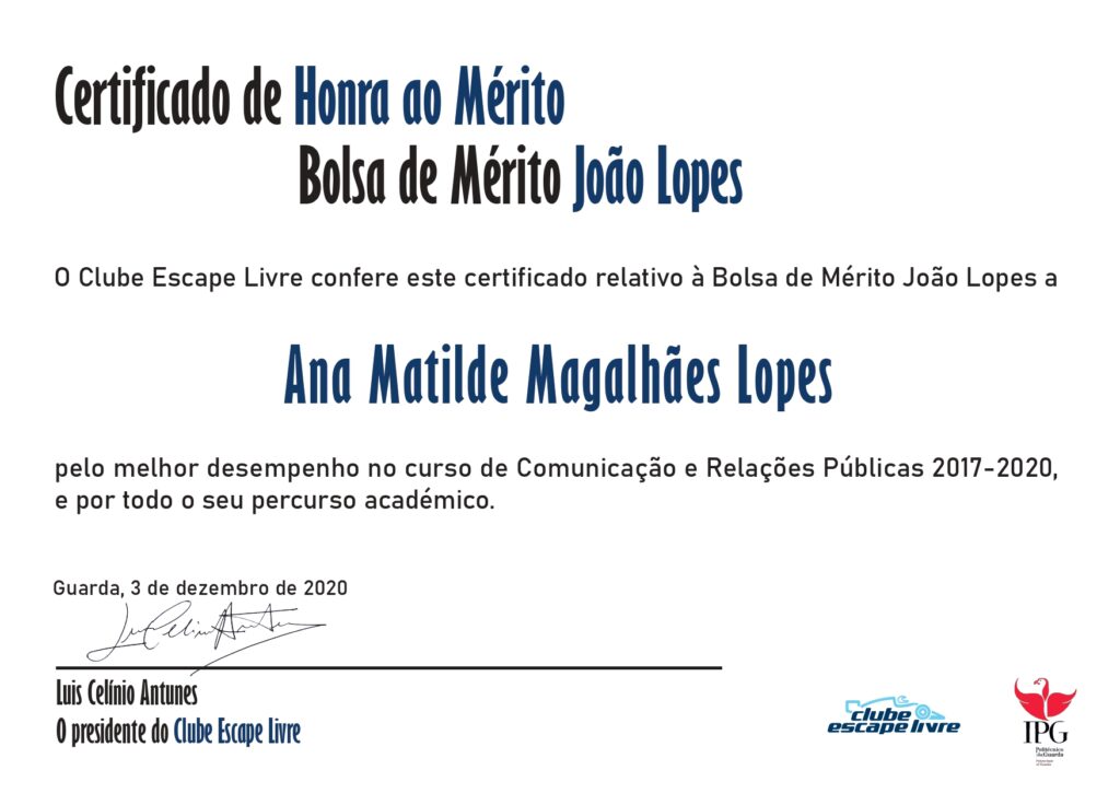 Certificado de Honra ao Mérito Bolsa de Mérito João Lopes com assinatura
