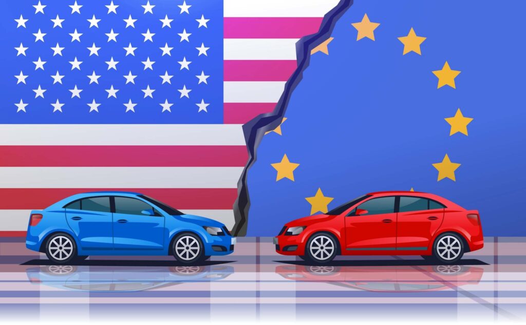Trade,War,Illustration,Usa,Eu,Cars,Confrontation,Split,Flags,Blue
