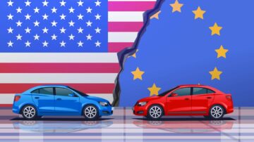 Trade,War,Illustration,Usa,Eu,Cars,Confrontation,Split,Flags,Blue